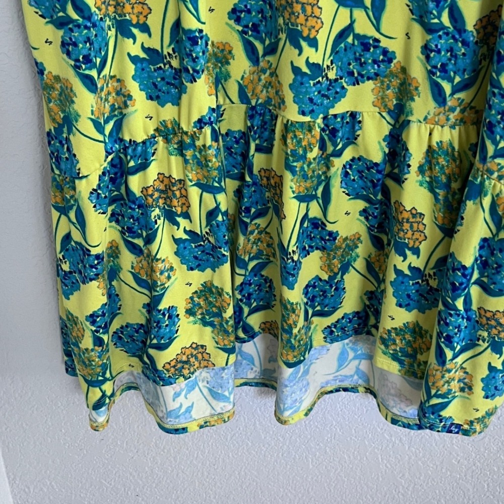 Lug Swing Dress Womens 3X Yellow Blue Floral Tiered Ruffle Hem Pockets Recycled - Picture 9 of 10